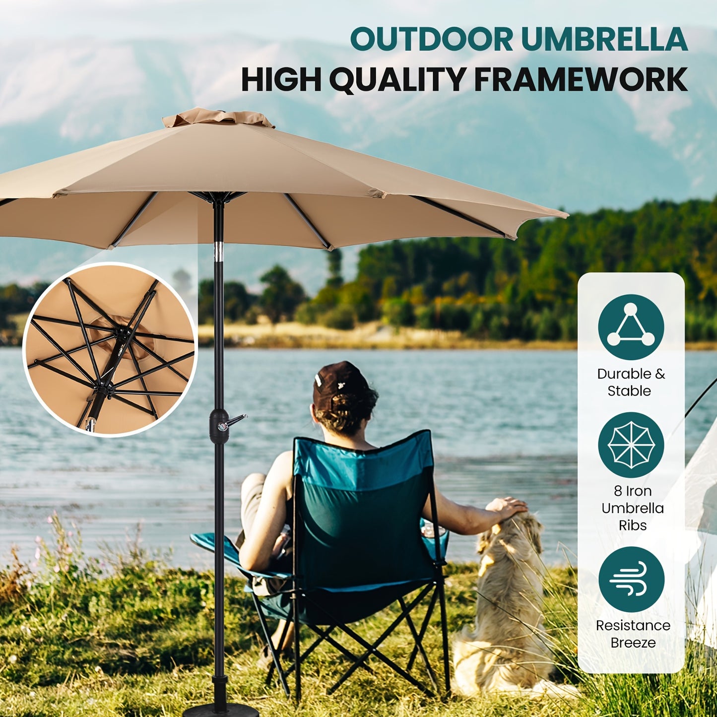 🌞 9 FT Outdoor Patio Umbrella with Push Button Tilt and Crank - Waterproof, 8 Sturdy Ribs - Market Yard Umbrella