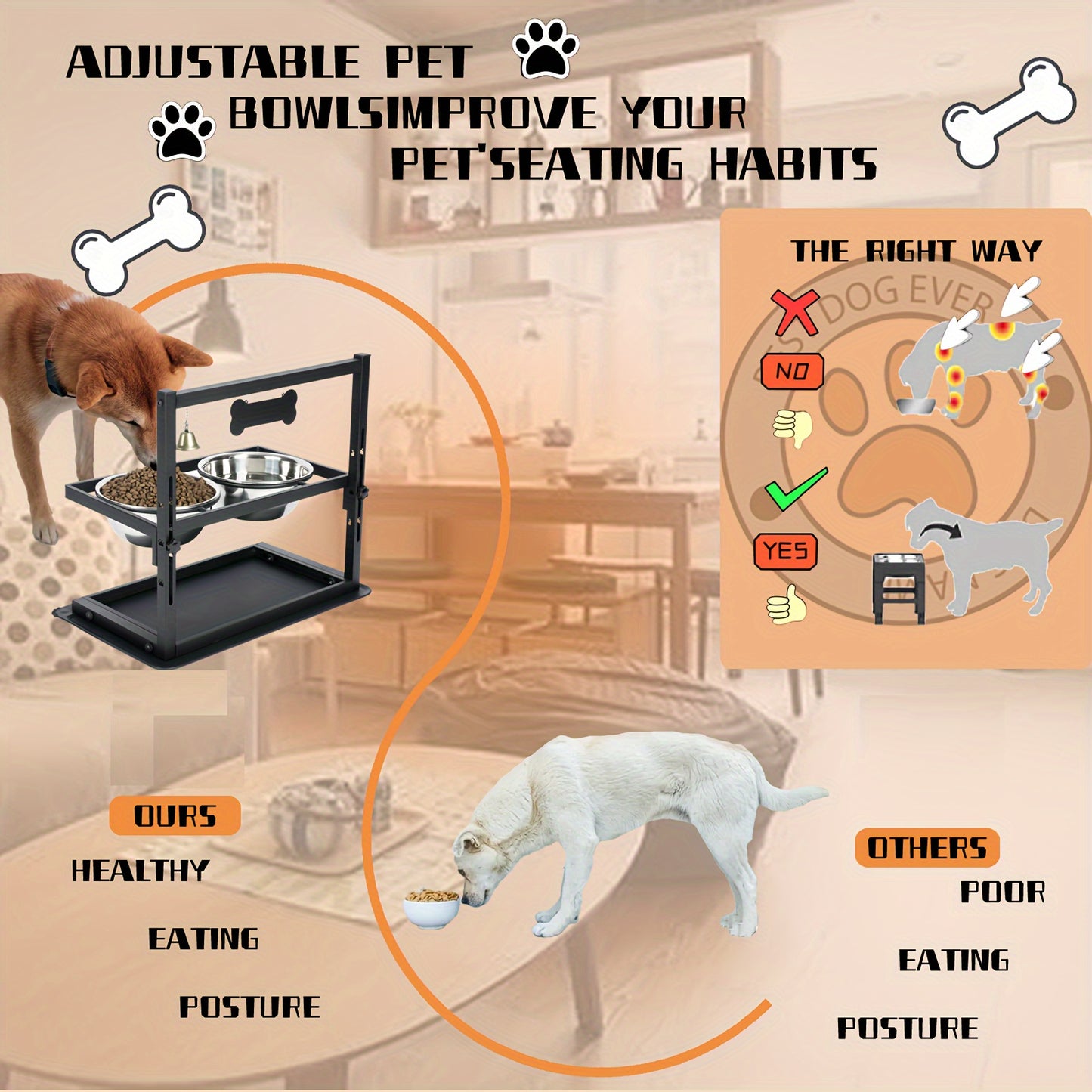 Adjustable Elevated Dog Bowls - Raised Dog Bowl Stand For Large and Medium Dogs