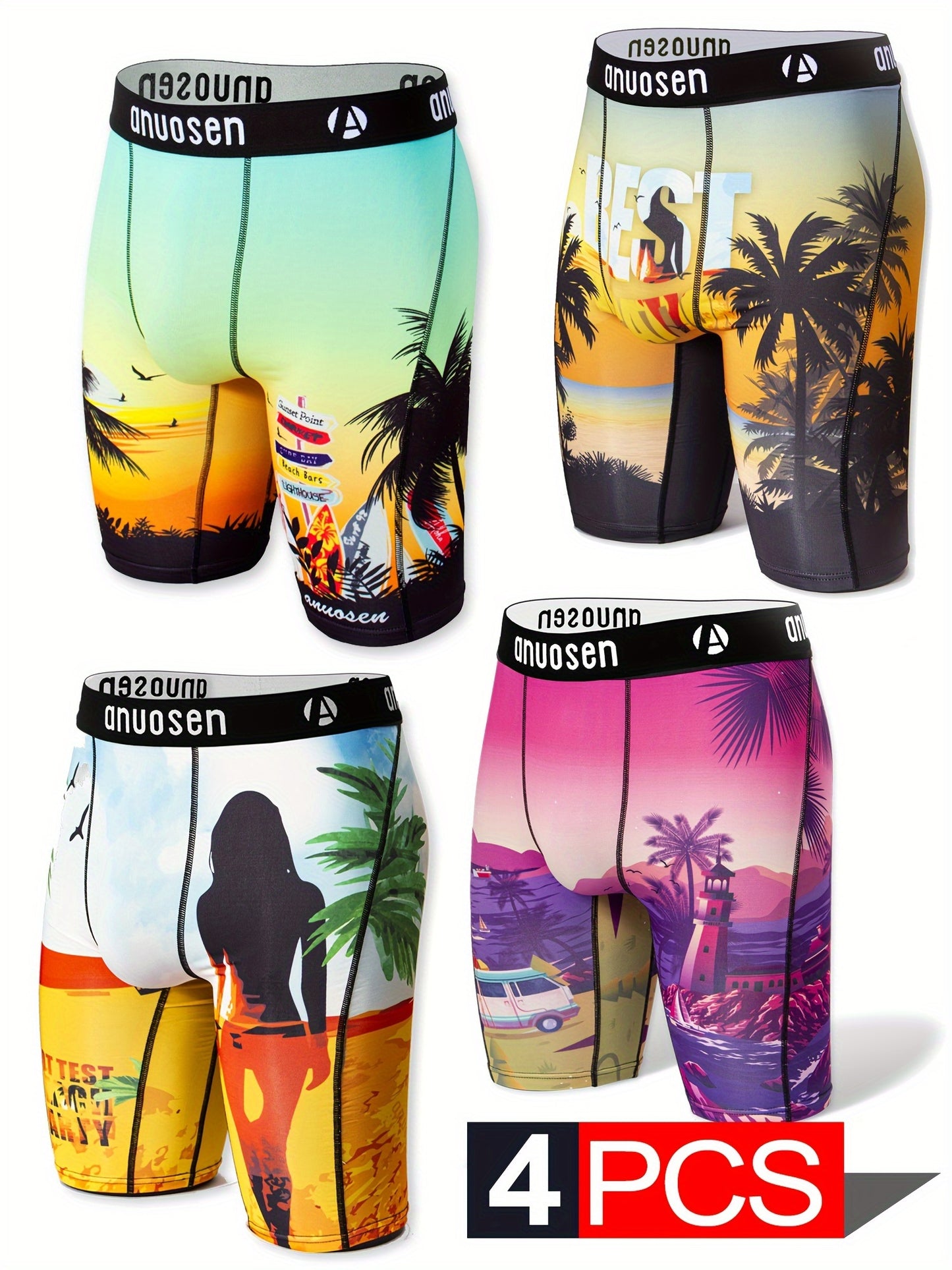 4pcs Men's Printed Sports Underwear 🩲: Beach Pants 🏖️, Quick-Dry & Breathable Extended Running Shorts 🏃‍♂️, Sunny Beach Print 🌞