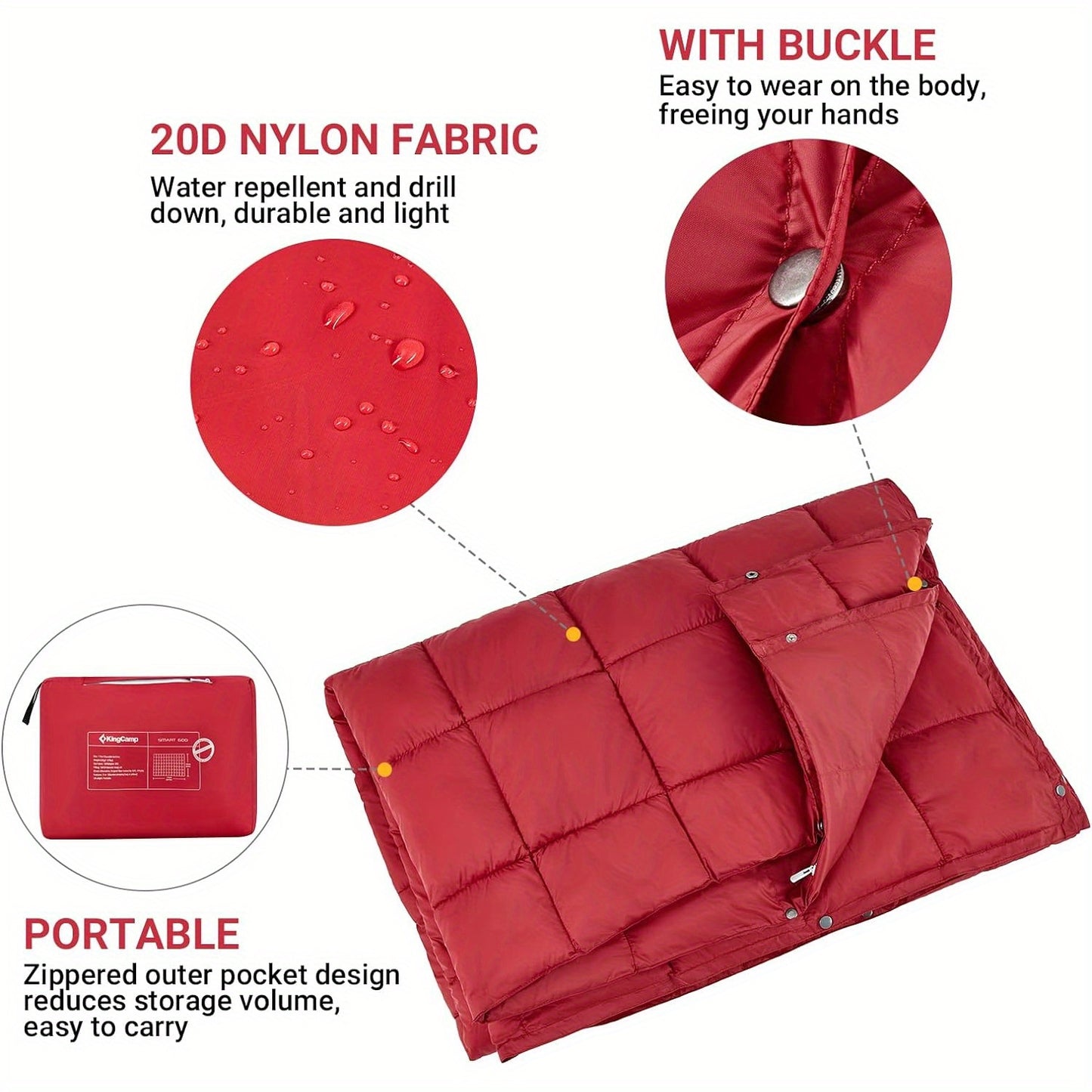 KingCamp Red Foldable Blanket - Lightweight, Warm, Waterproof Wearable Blanket