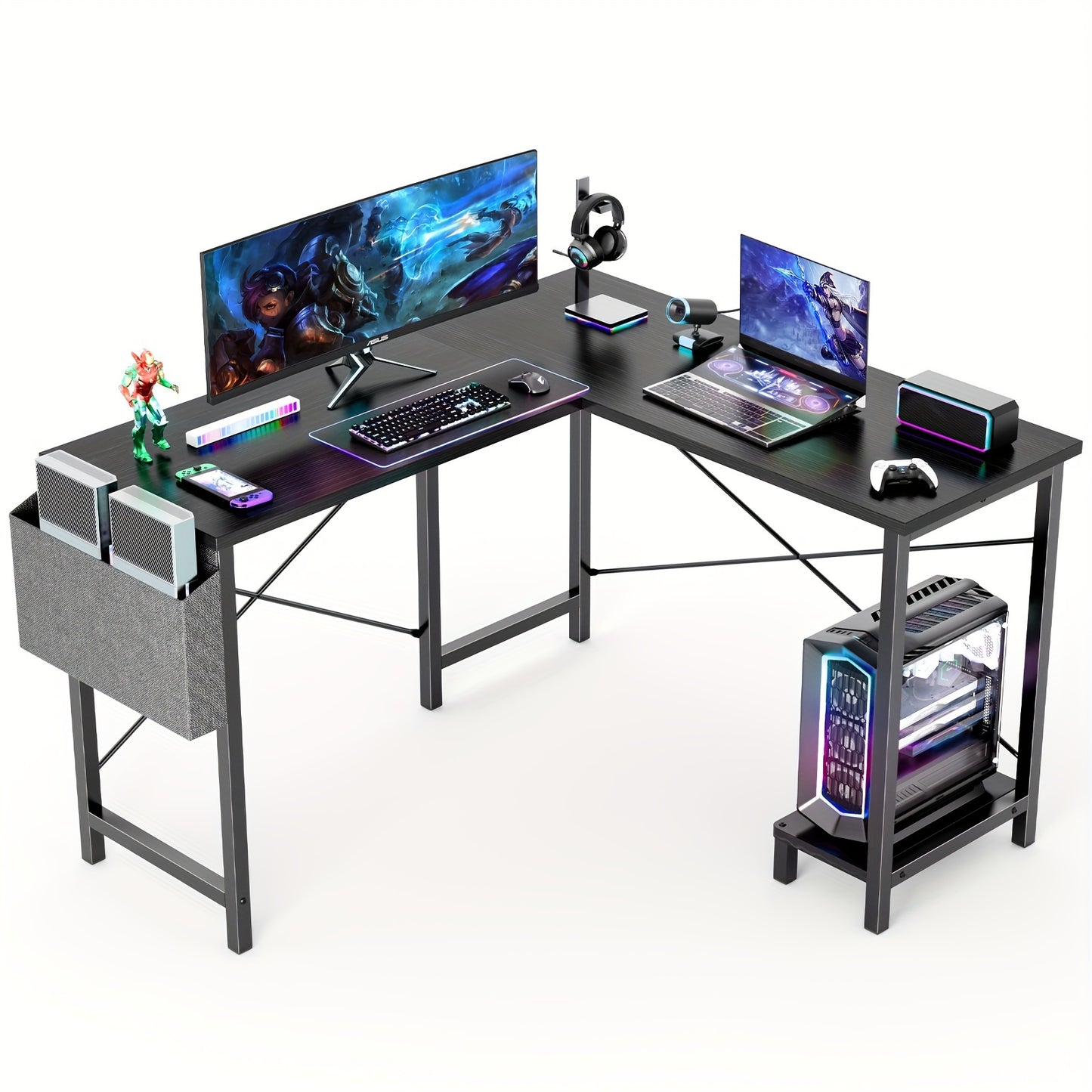 L Shaped Computer Desk - Gaming Table Corner Desk 50 Inch PC Writing Black Desk