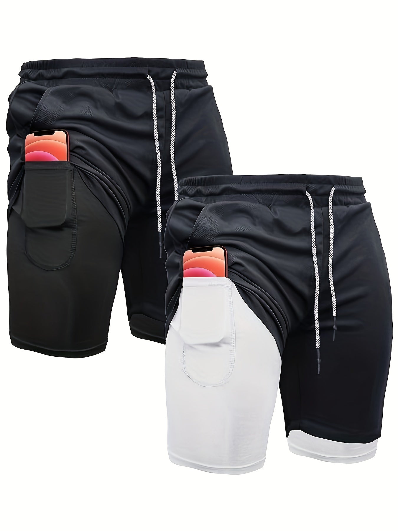 2pcs Men's 2-in-1 Double Layer Shorts With Inner Pocket, Fashion Male Sports Shorts For Summer Gym Workout Training