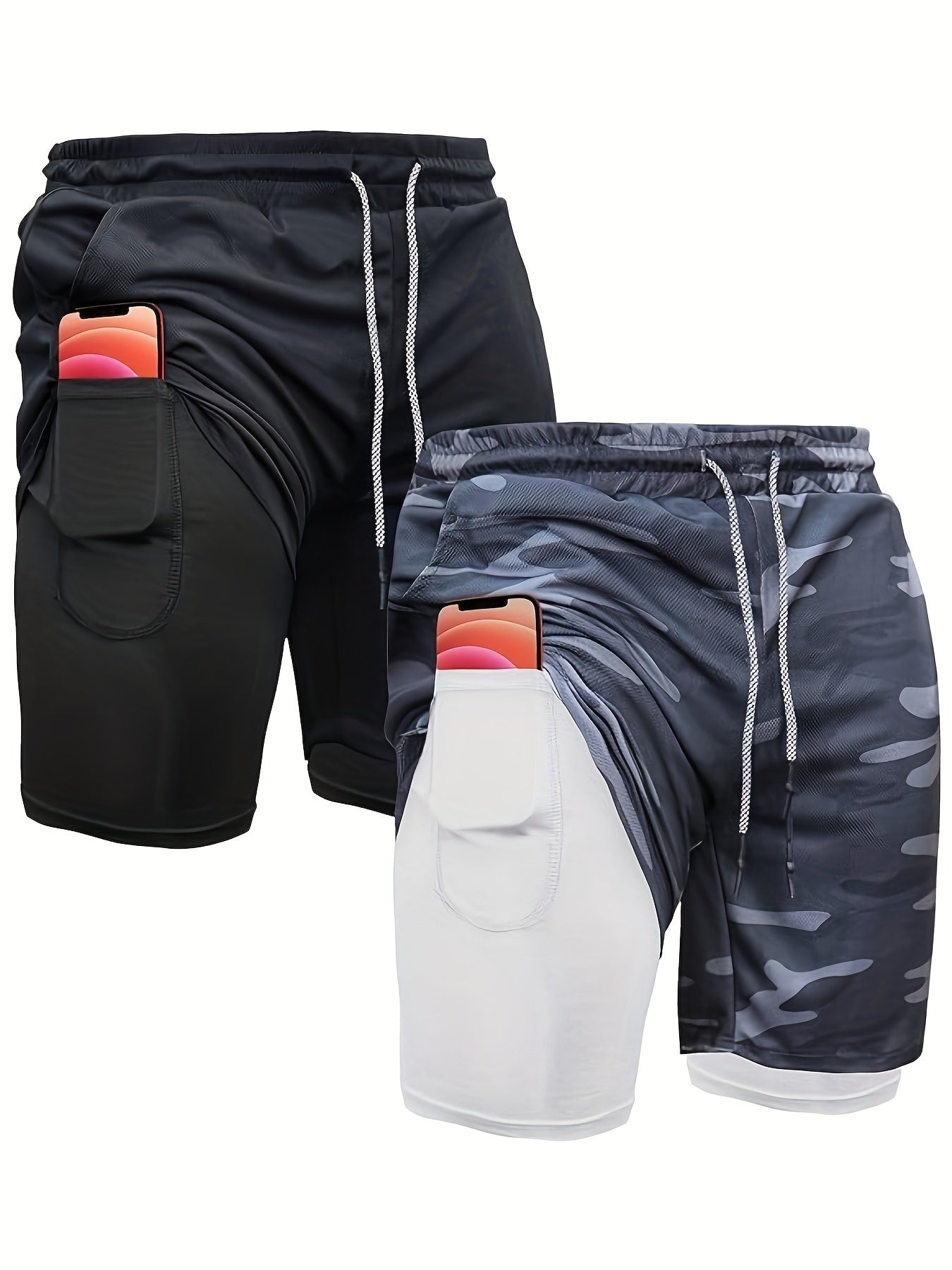 2pcs Men's 2-in-1 Double Layer Shorts With Inner Pocket, Fashion Male Sports Shorts For Summer Gym Workout Training