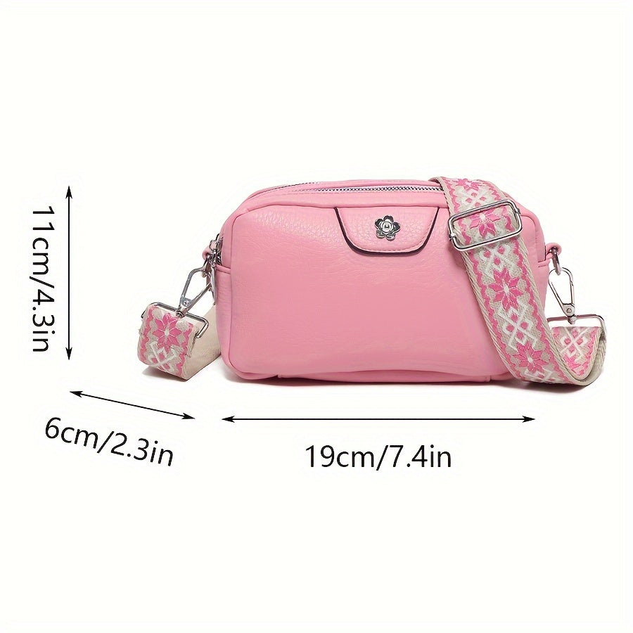 Women's Fashion PU Leather Mini Crossbody Bag, Pink Zipper Square Purse With Patterned Wide Strap, Simple Stylish Shoulder Bag