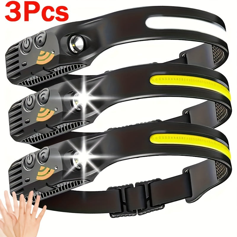 3PCs COB&LED Headlamp - Multi-Mode Induction Motion Sensor Headlight, Rechargeable for Running, Camping, Hiking