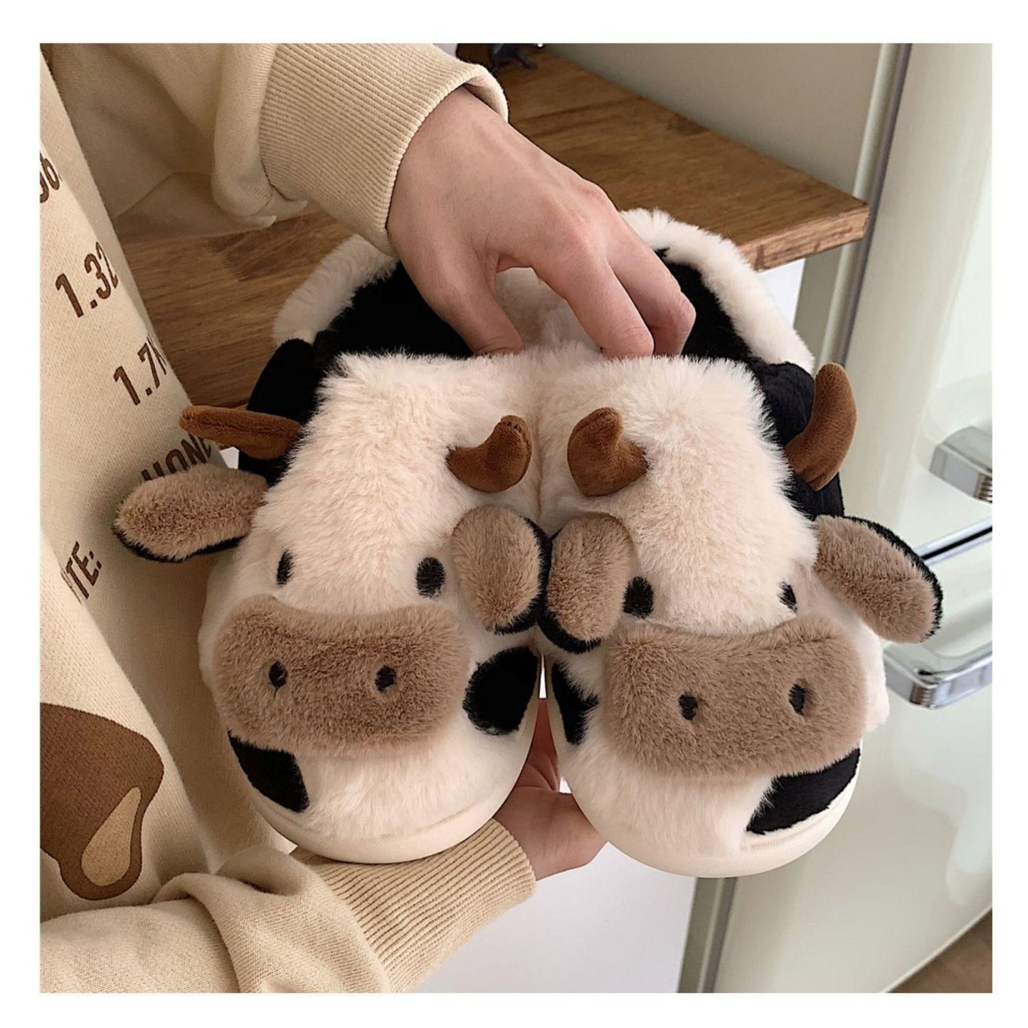 Fuzzy Cute Cow Slippers For Women - Winter Warm Cozy Animal Fluffy Kawaii House Slippers