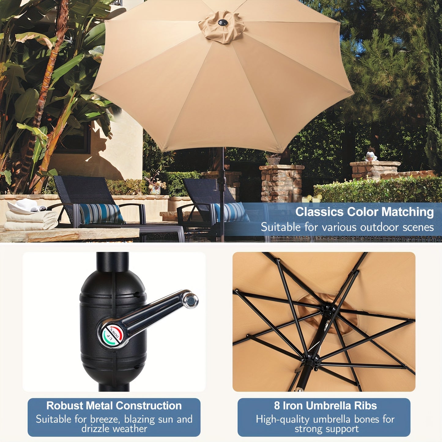 🌞 Outdoor Patio Umbrella 9 Ft - Push Button Tilt, Crank, Sturdy Ribs - Yard Market Garden Umbrella Khaki Blue Red 🌼