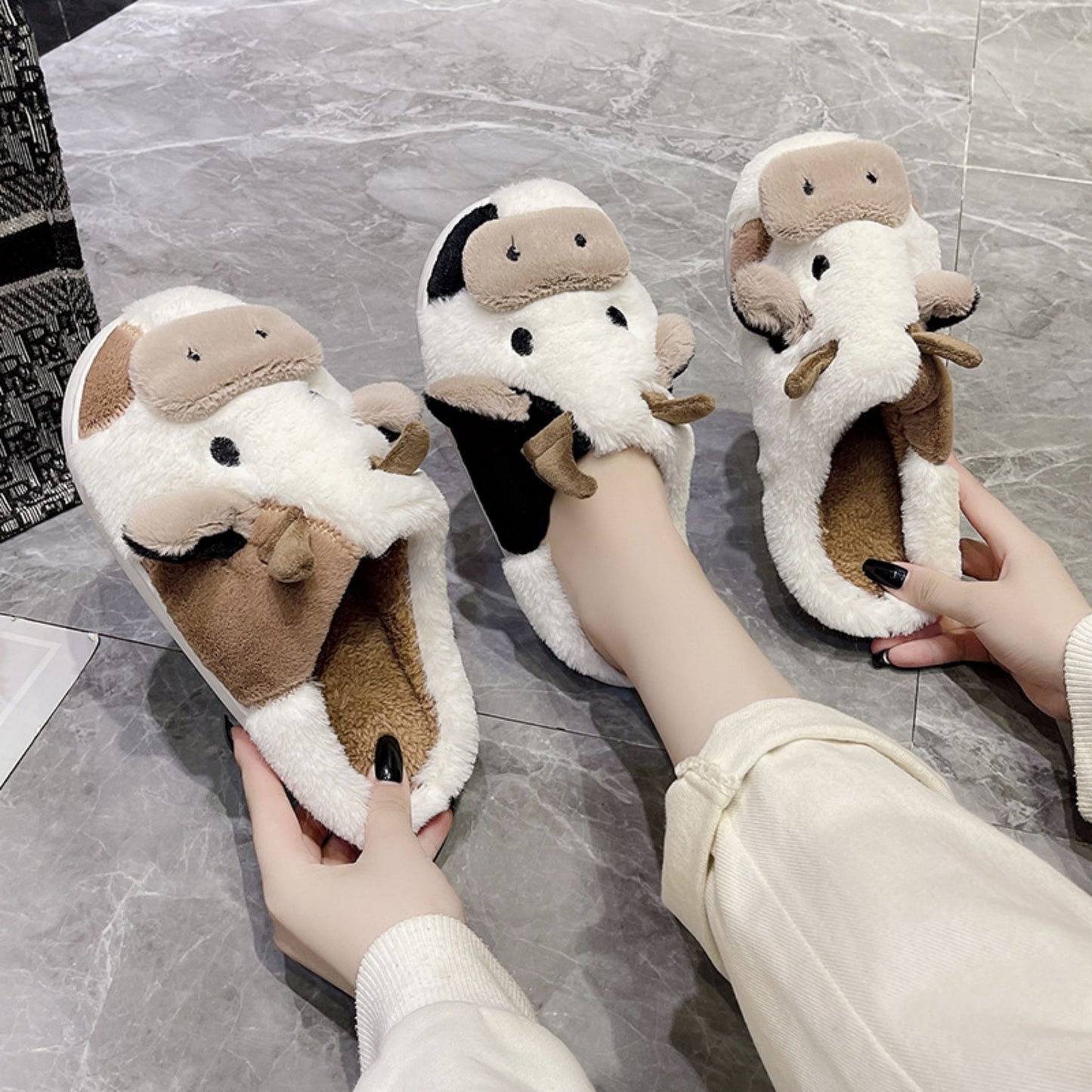 Fuzzy Cute Cow Slippers For Women - Winter Warm Cozy Animal Fluffy Kawaii House Slippers