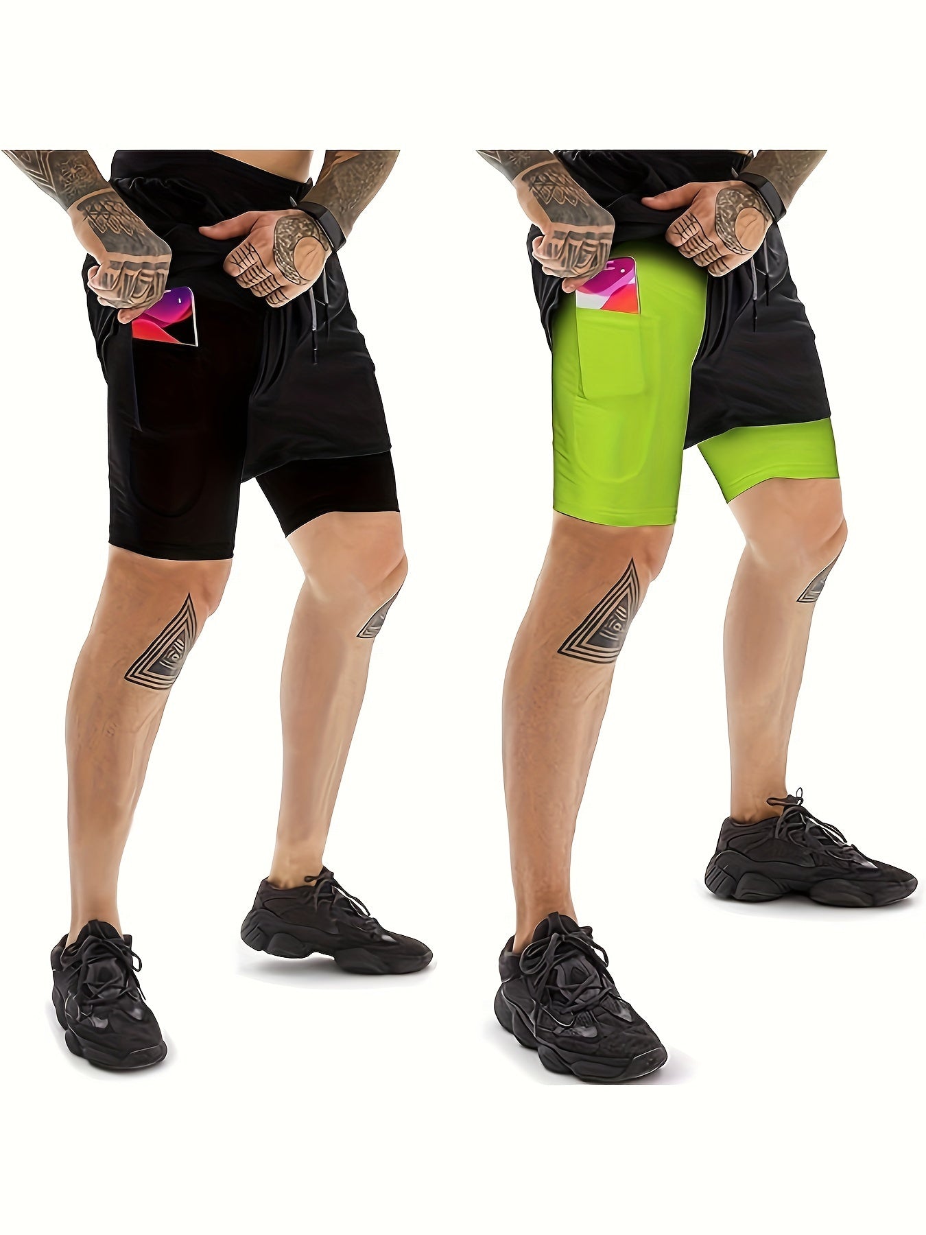 2pcs Men's 2-in-1 Double Layer Shorts With Inner Pocket, Fashion Male Sports Shorts For Summer Gym Workout Training