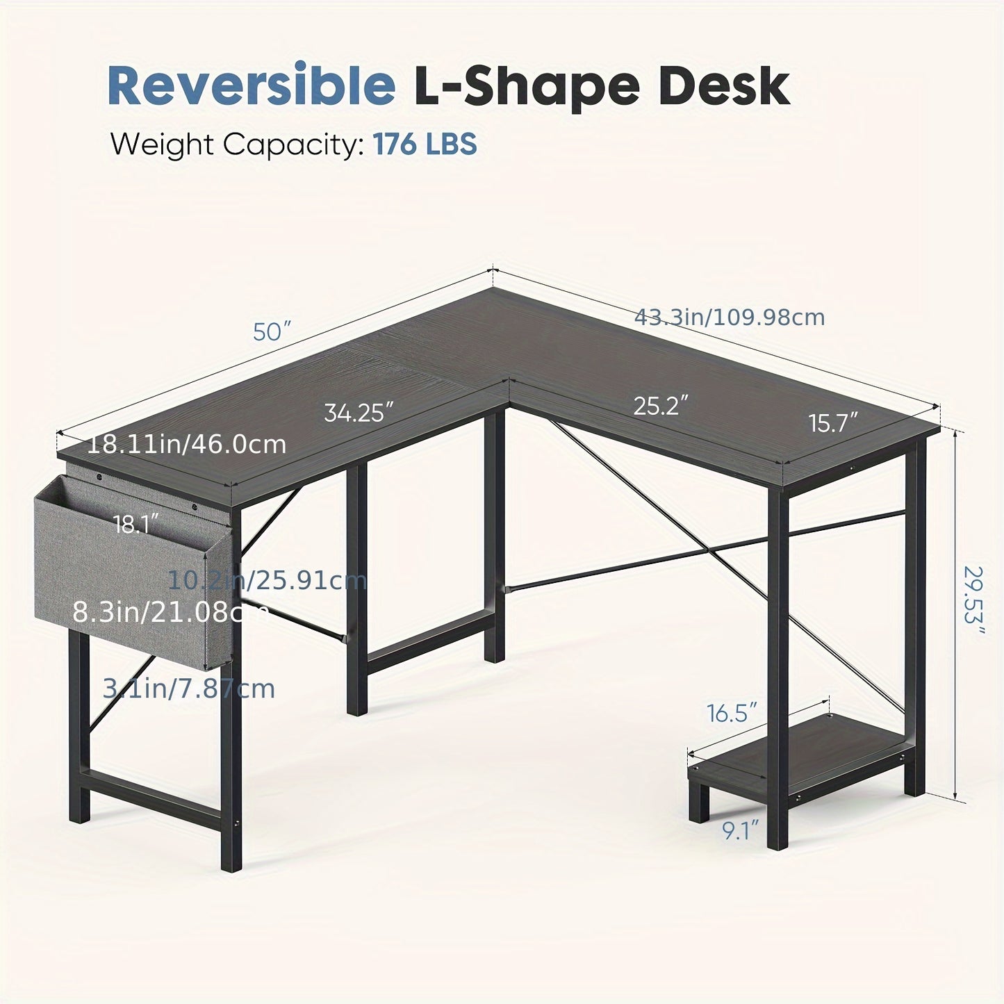 L Shaped Computer Desk - Gaming Table Corner Desk 50 Inch PC Writing Black Desk