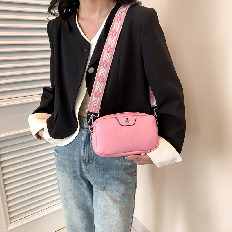 Women's Fashion PU Leather Mini Crossbody Bag, Pink Zipper Square Purse With Patterned Wide Strap, Simple Stylish Shoulder Bag