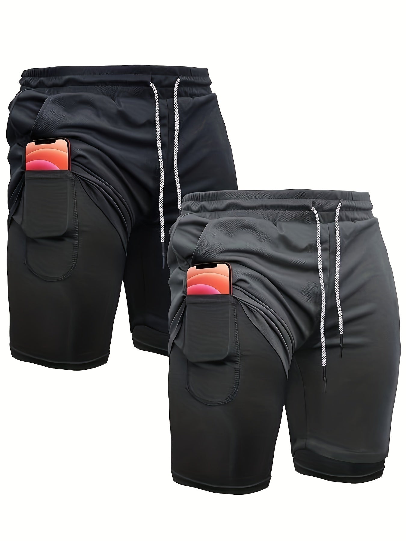 2pcs Men's 2-in-1 Double Layer Shorts With Inner Pocket, Fashion Male Sports Shorts For Summer Gym Workout Training