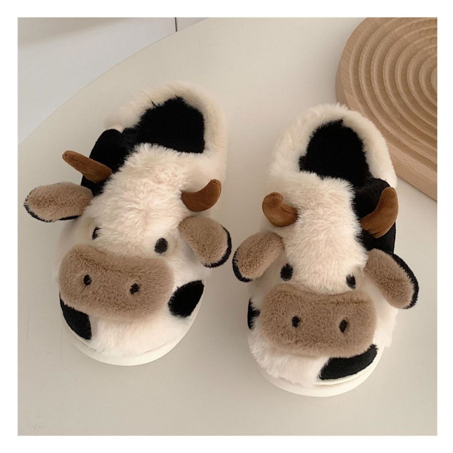 Fuzzy Cute Cow Slippers For Women - Winter Warm Cozy Animal Fluffy Kawaii House Slippers