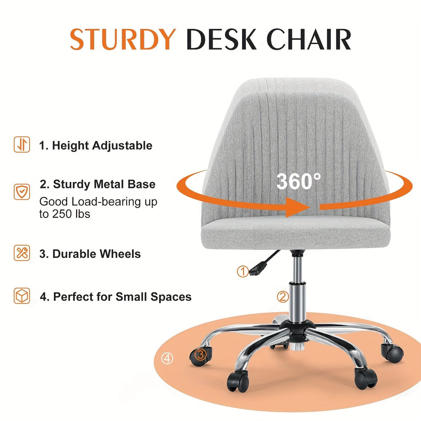 Armless Office Chair, Fabric Home Office Desk Chairs with Wheels Adjustable Swivel Vanity Task Computer Chair