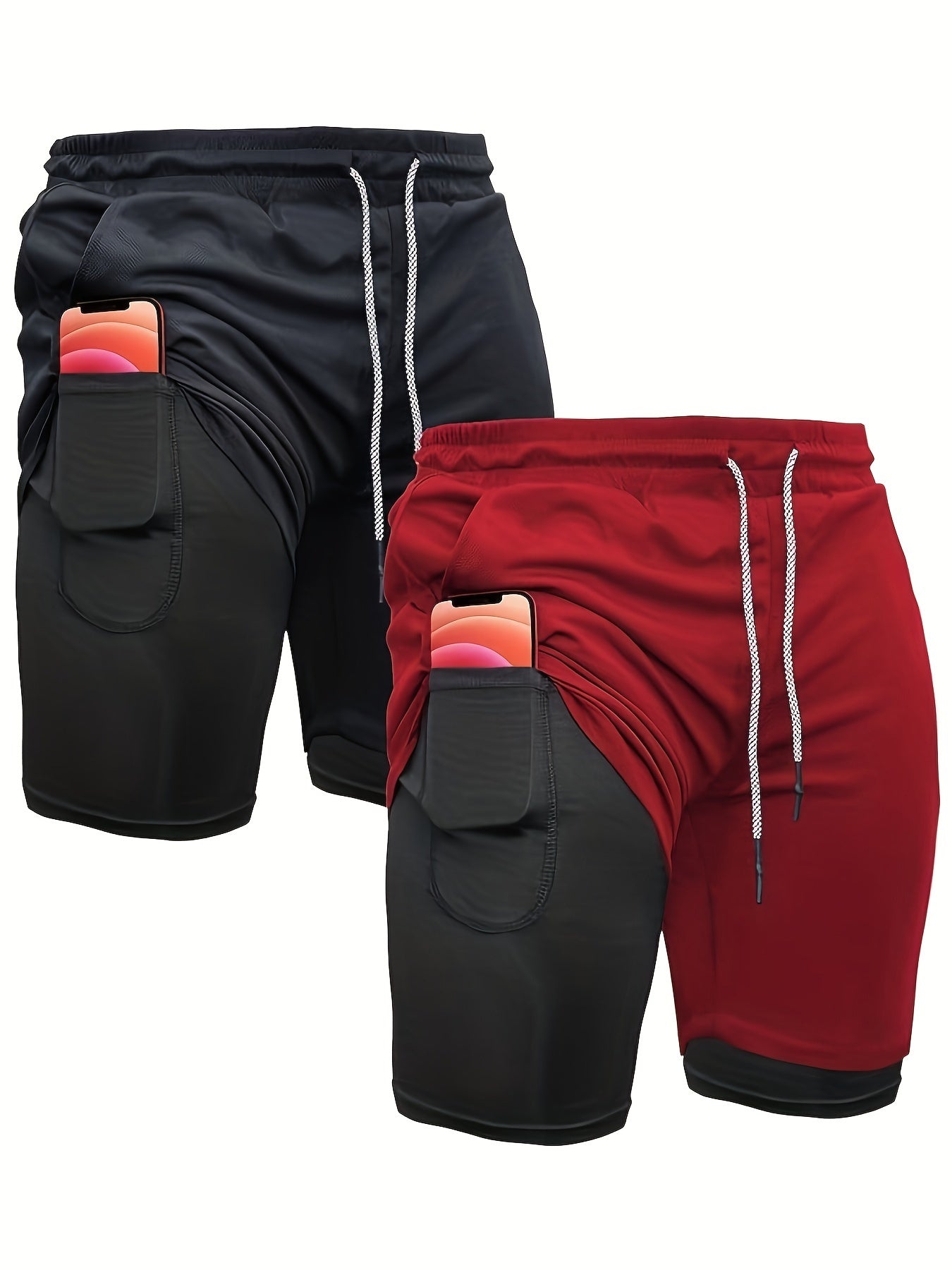 2pcs Men's 2-in-1 Double Layer Shorts With Inner Pocket, Fashion Male Sports Shorts For Summer Gym Workout Training