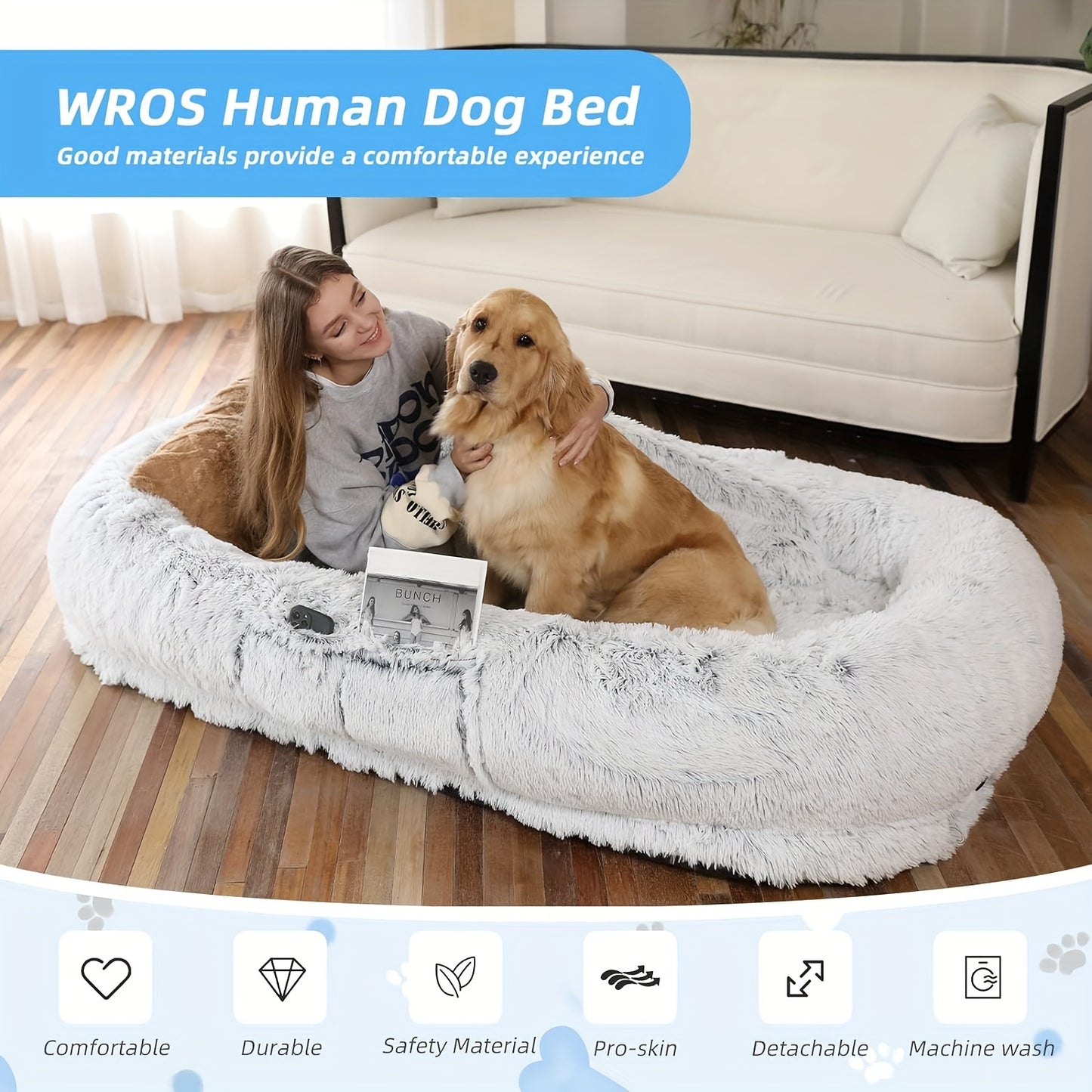 Human Dog Bed - 71''x45''x12'' Washable Faux Fur Dog Bed for People & Pets | Orthopedic Napping Bed with Pillow & Blanket - Grey