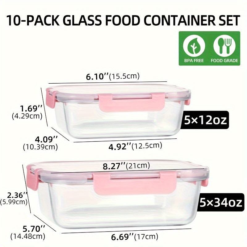 10pcs Premium Glass Meal Prep Containers - Leak-Proof, Airtight, Stackable, Dishwasher Safe - Ideal for Meat, Fruit, Vegetable Storage