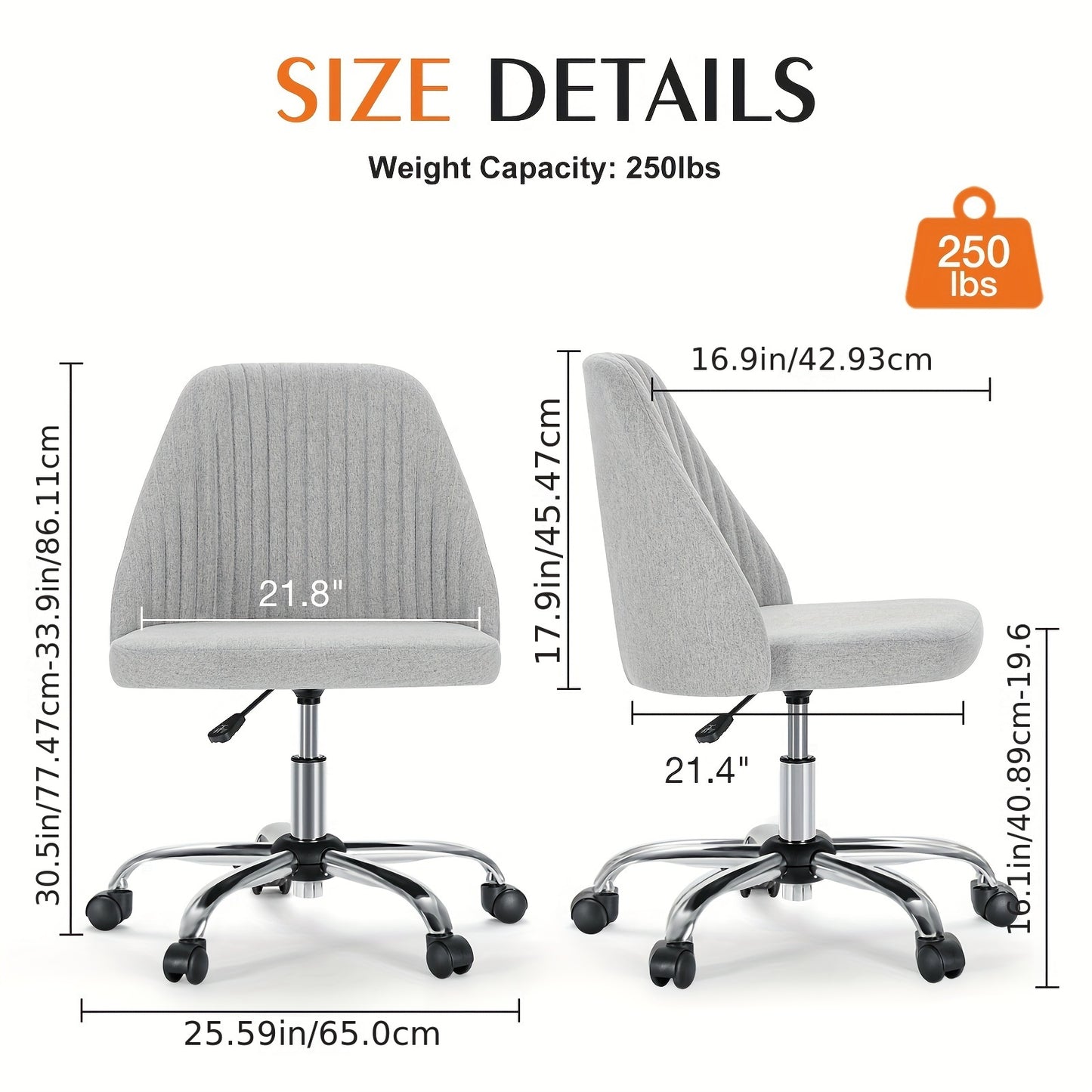 Armless Office Chair, Fabric Home Office Desk Chairs with Wheels Adjustable Swivel Vanity Task Computer Chair