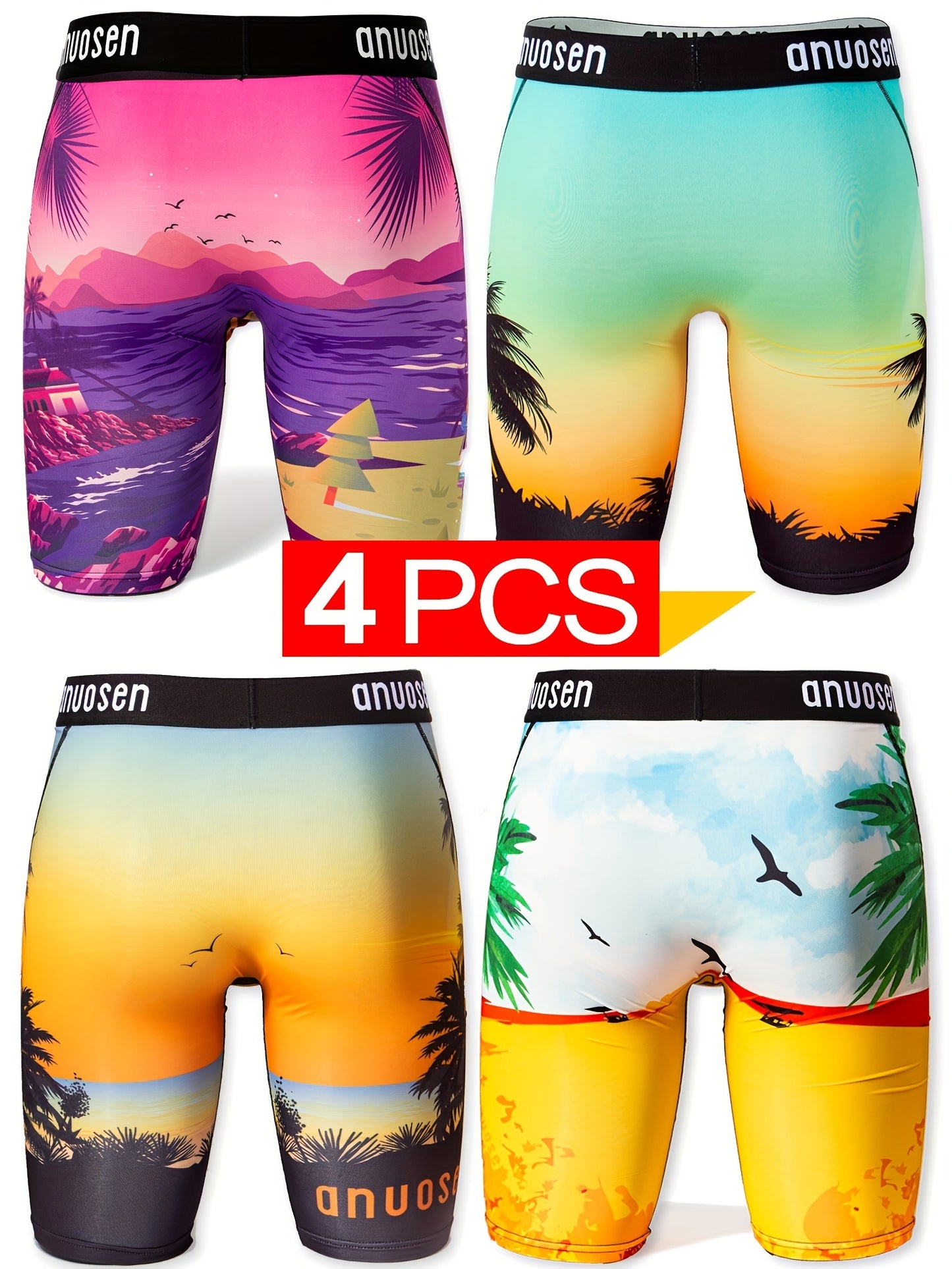 4pcs Men's Printed Sports Underwear 🩲: Beach Pants 🏖️, Quick-Dry & Breathable Extended Running Shorts 🏃‍♂️, Sunny Beach Print 🌞