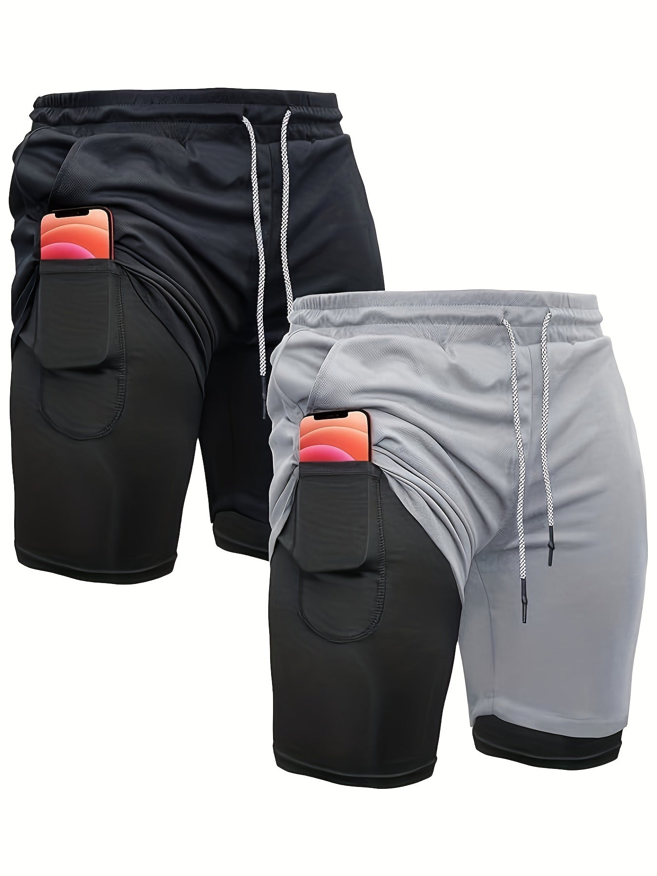 2pcs Men's 2-in-1 Double Layer Shorts With Inner Pocket, Fashion Male Sports Shorts For Summer Gym Workout Training