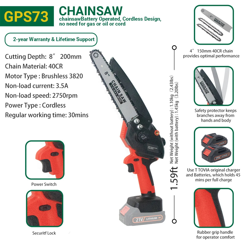 🌟 T TOVIA 8 Inch 21V Cordless Mini ChainSaw 🌟