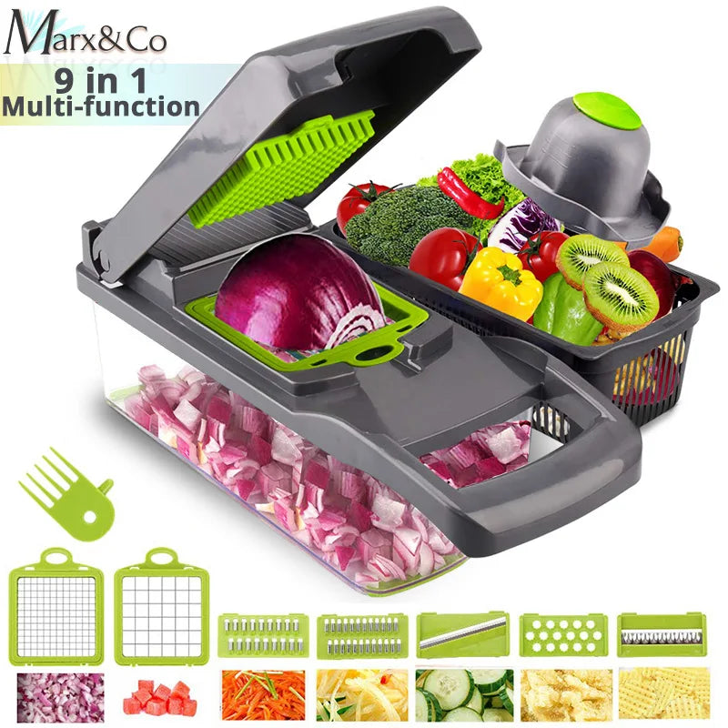 9-in-1 Multifunctional Vegetable Cutter & Slicer with Drain Basket - Carrot Potato Grater Onion Chopper Kitchen Gadgets