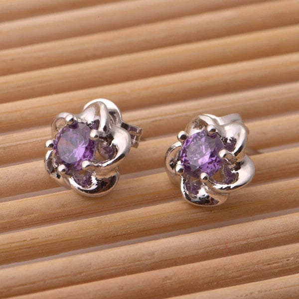 Flower Stud Earrings for Women - Purple Crystal Earrings, Fashion Jewelry, Cubic Zirconia Gifts by Uloveido R048