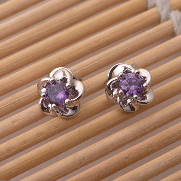 Flower Stud Earrings for Women - Purple Crystal Earrings, Fashion Jewelry, Cubic Zirconia Gifts by Uloveido R048