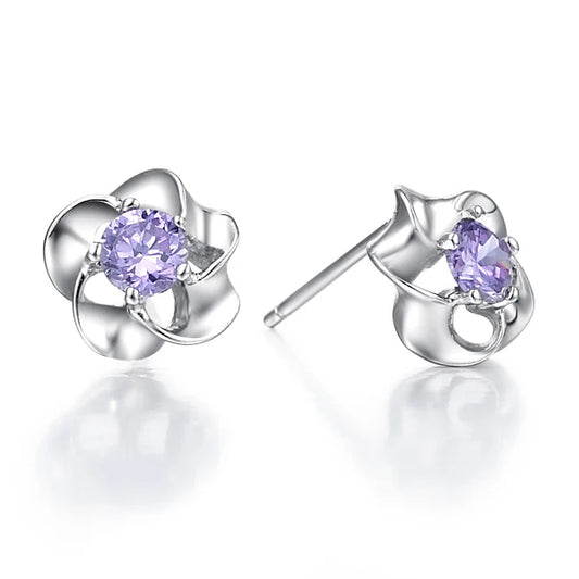 Flower Stud Earrings for Women - Purple Crystal Earrings, Fashion Jewelry, Cubic Zirconia Gifts by Uloveido R048