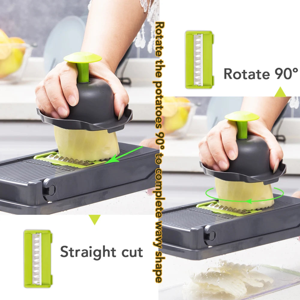 9-in-1 Multifunctional Vegetable Cutter & Slicer with Drain Basket - Carrot Potato Grater Onion Chopper Kitchen Gadgets