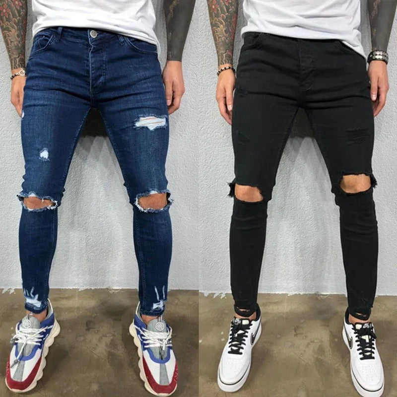 Men's Ripped Skinny Jeans 👖 | Knee Hole Stretch Denim Pants | Hip-Hop Style Slim Fit S-4XL