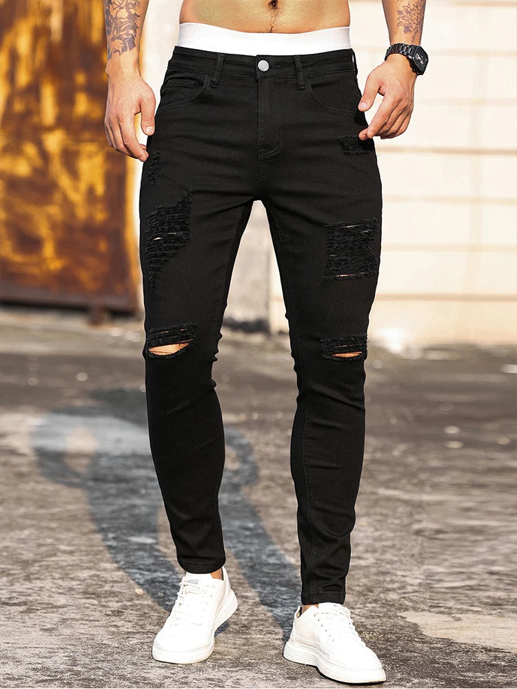 Men's Fashion Street Ripped Jeans 🖤 | Black Slim Fit Pencil Pants | Club & Casual Denim