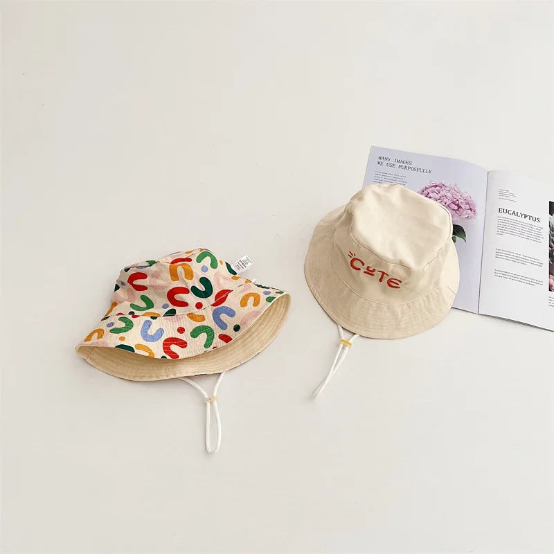 Double-Sided Kids Bucket Hat with String - Cute Embroidered Fisherman Cap for Boys and Girls