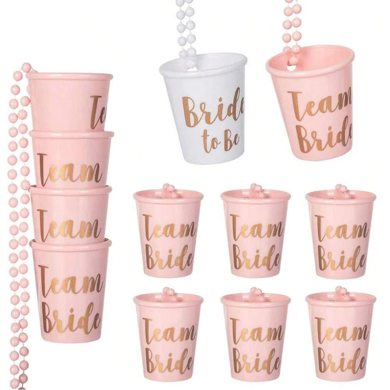 12pcs Team Bride Cups Bride To Be Plastic Shot Glasses Necklace Wedding Bridal Shower Bachelorette Hen Party Decor Drinking