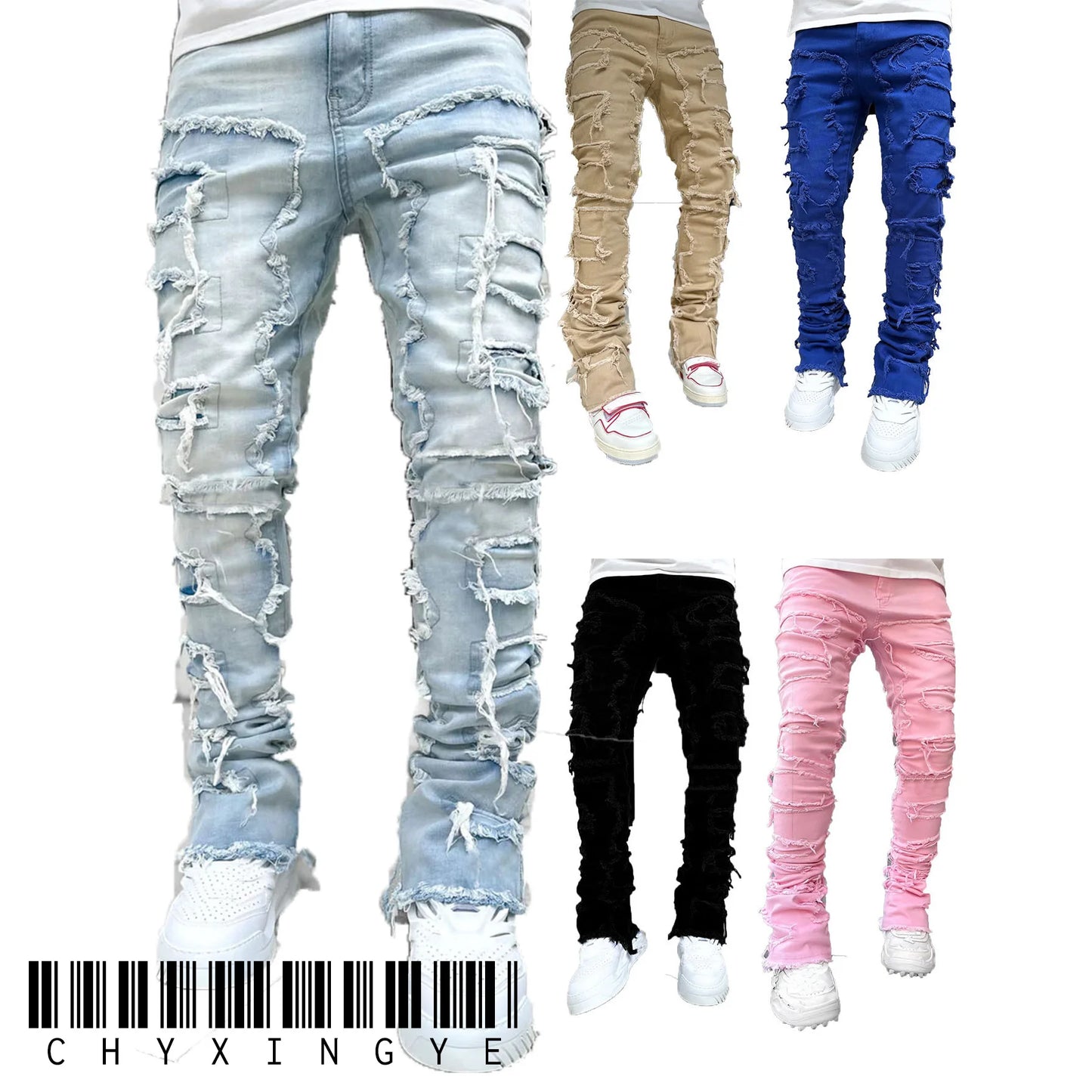 Men's Regular Fit Ripped Stacked Jeans | Slim Fit Patch Distressed Denim Pants | Hip Hop Streetwear Trousers