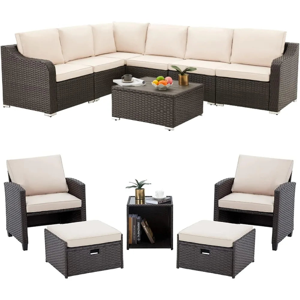 Patio Furniture 7-Piec Set, Rattan Wicker Outdoor Sectional Furnitures Sets, Conversation Sofa Set with Table & Thick Cushion