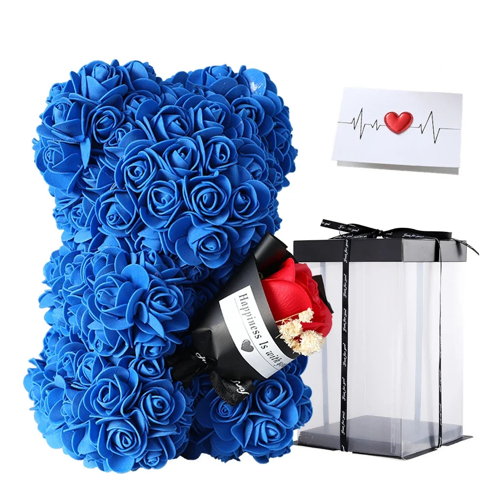 Valentine's Day Gift - 25cm Artificial Rose Bear with Box | Perfect Gift for Girlfriend, Women, Mother's Day, Birthday, Wedding Party