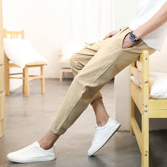 🌿 Men's Solid Color Casual Trousers - Japanese Linen Slim Ankle-Length Pants for Daily Outwear