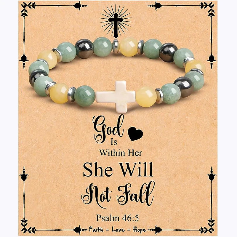 Christian Cross Bracelet for Women – Faithful Religious Easter Gift, Natural Stone Beaded Jewelry