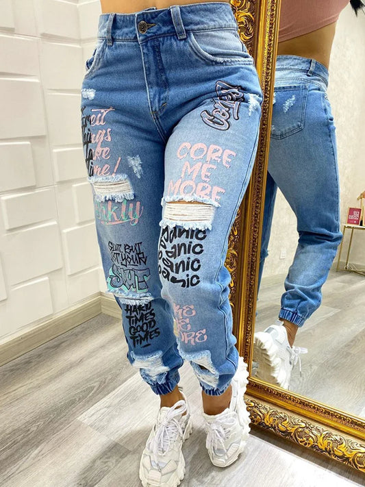 2024 New Women's Letter Print Ripped Jeans - Casual High Waist Straight Leg Slant Pocket Denim