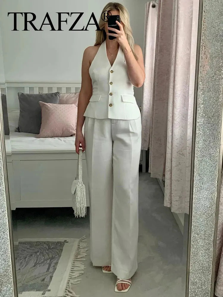 Women's Fashion Pant Suit Set 👗 | Halter Sleeveless Blazer Vest & Zipper Fly Trousers | Office Lady Chic