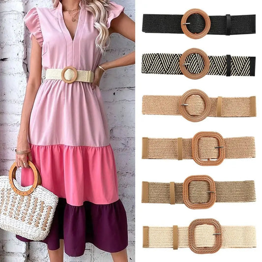 Boho Wide Elastic Waist Belt – Braided PP Straw Belt for Dresses & Casual Wear ✨