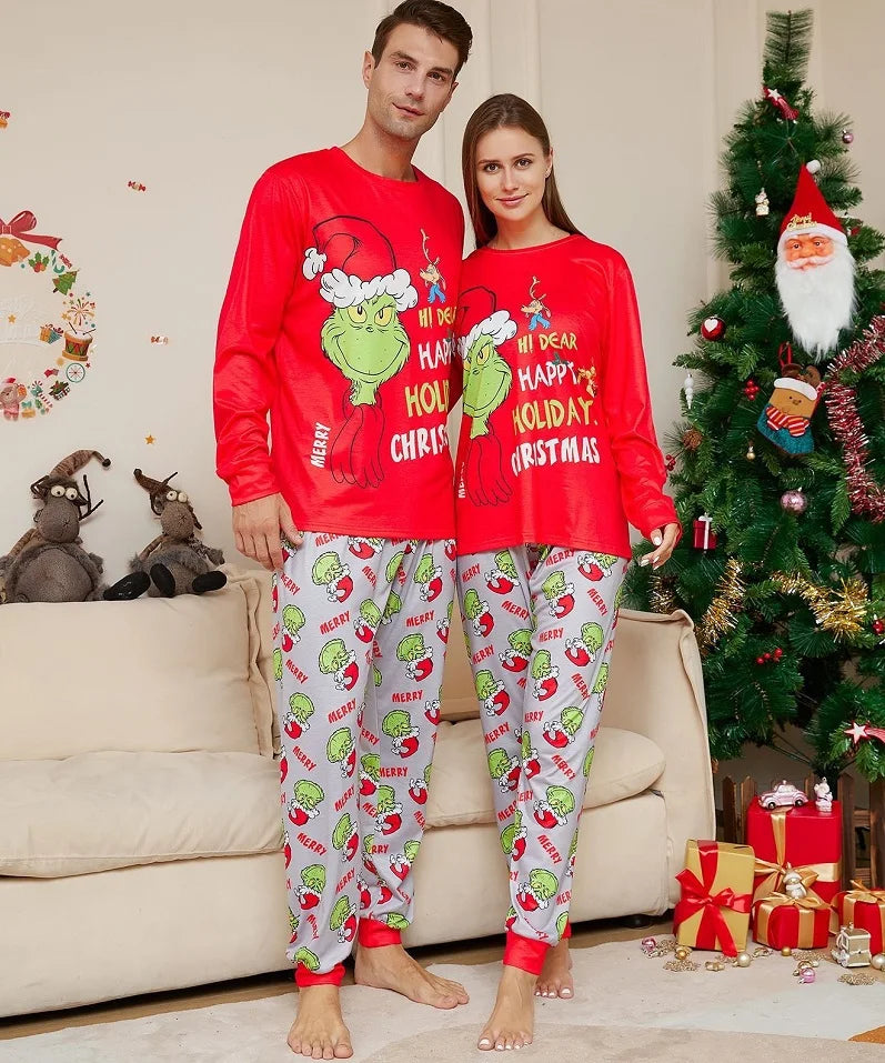 Christmas Family Matching Pajamas – Santa Cartoon Print PJs for All Ages (Including Baby & Dog!) 🎅🎄