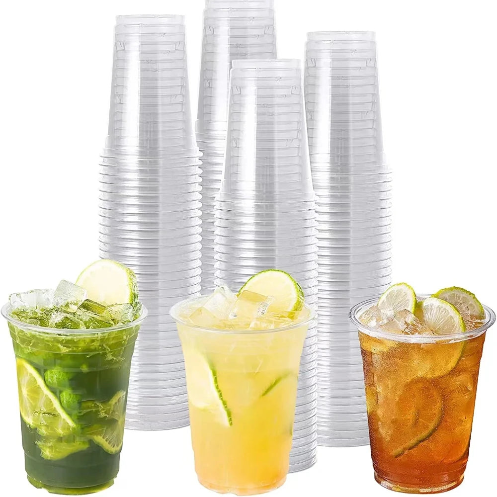 50PCS 16oz Clear Plastic Cups with Flat Lids | Disposable Drinking Cups for Parties, Weddings & Events | Bulk Ice Coffee Milkshake Cups