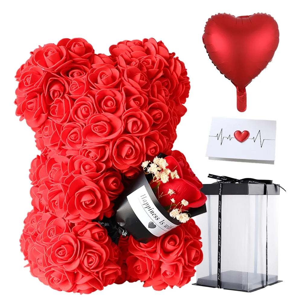 Valentine's Day Gift - 25cm Artificial Rose Bear with Box | Perfect Gift for Girlfriend, Women, Mother's Day, Birthday, Wedding Party