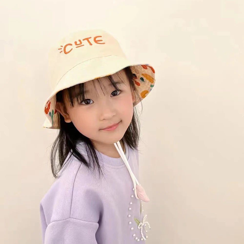 Double-Sided Kids Bucket Hat with String - Cute Embroidered Fisherman Cap for Boys and Girls