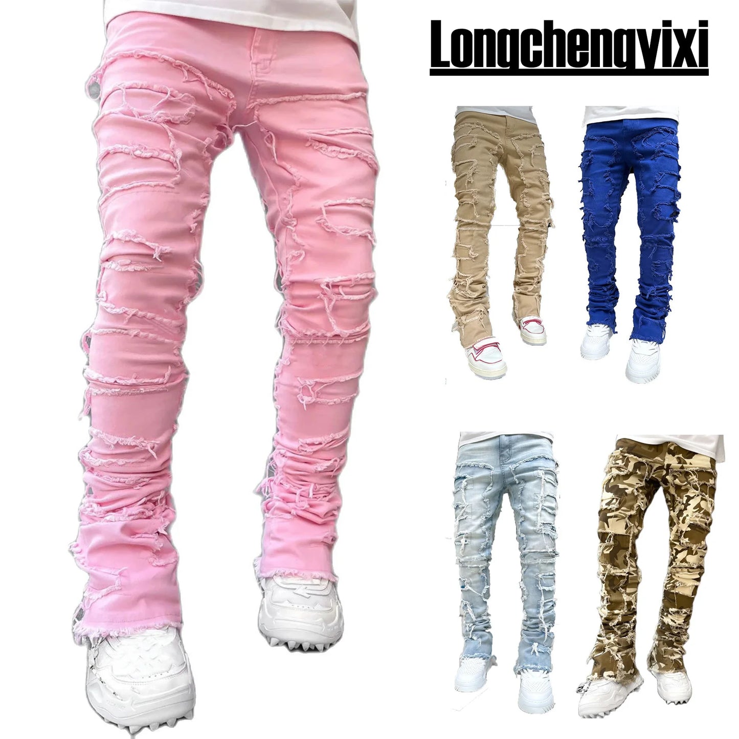 Men's Regular Fit Ripped Stacked Jeans | Slim Fit Patch Distressed Denim Pants | Hip Hop Streetwear Trousers