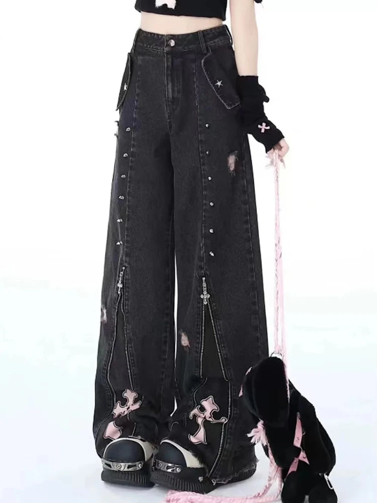 Women’s Black Gothic Oversized Jeans - Y2K Vintage Aesthetic Wide Leg Trousers