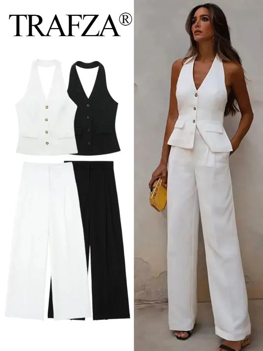 Women's Fashion Pant Suit Set 👗 | Halter Sleeveless Blazer Vest & Zipper Fly Trousers | Office Lady Chic