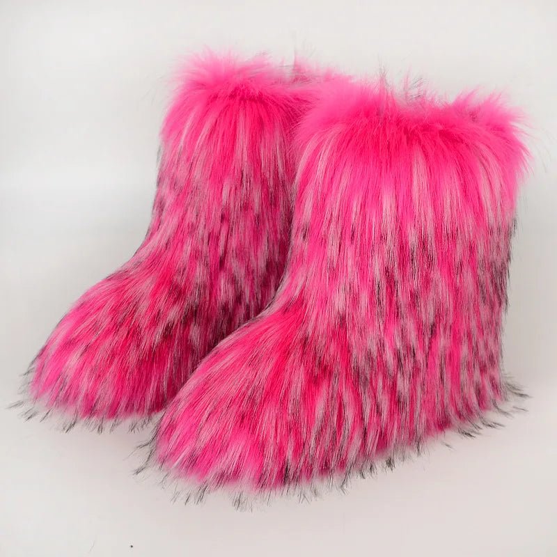 Winter Fur Imitation Raccoon Snow Boots for Women - Bright Colors – Mid-Calf Fluffy Boots with Plush Lining, Flat Heel